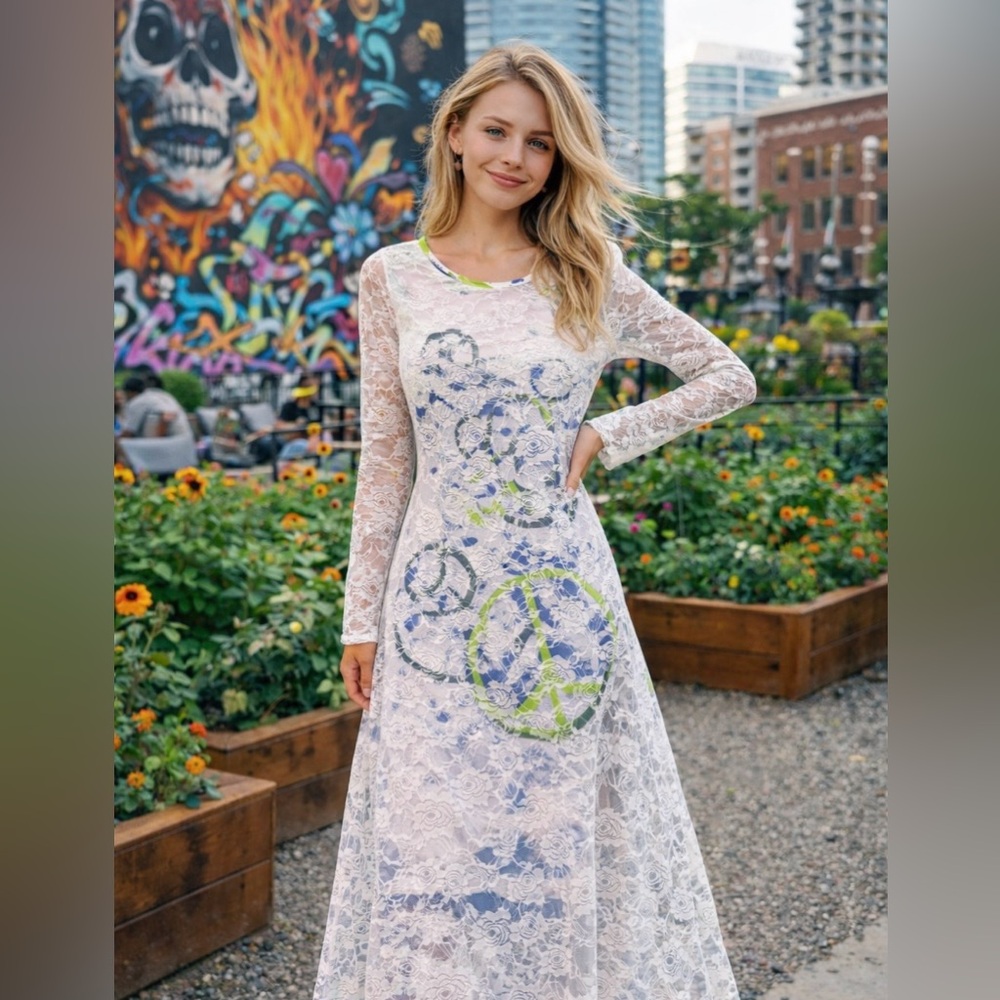 The Pyramid Collection White Lace Dress with Peace Symbols